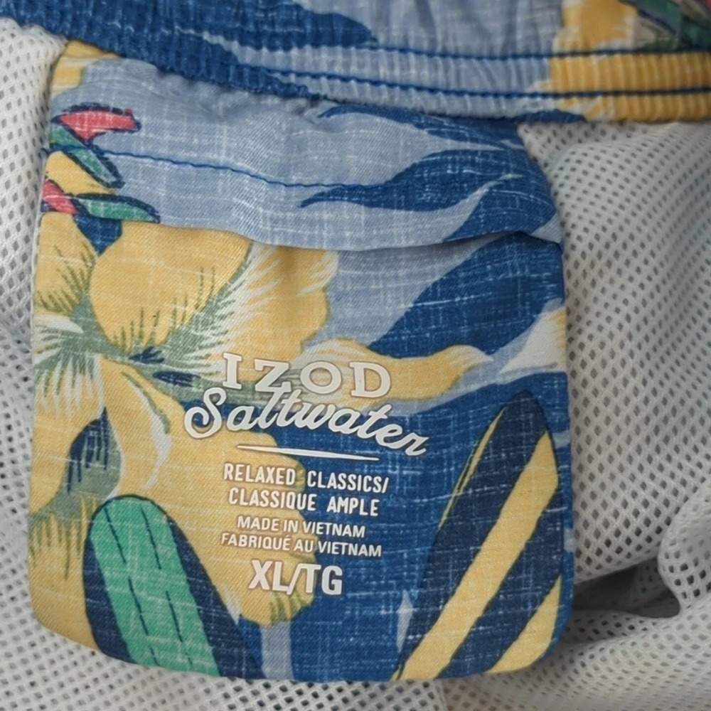 IZOD Saltwater Swim Trunks Mens XL Blue Tropical Floral Flamingo Surf Lined - Picture 3 of 11